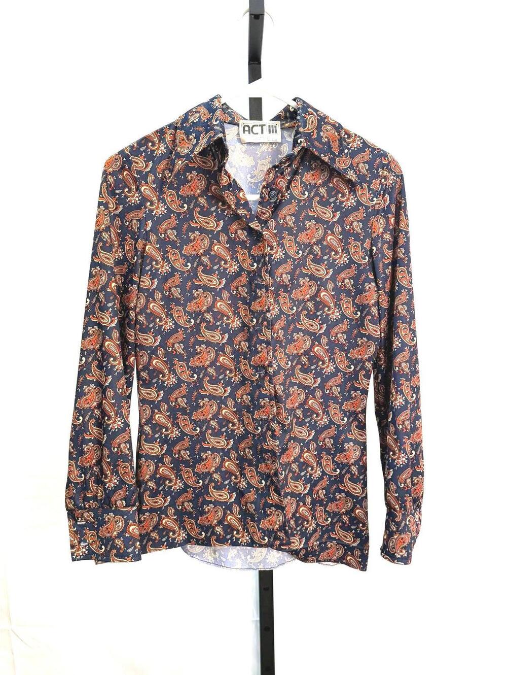 70s Vintage Women's Long Sleeve Button-Up Shirt with Paisley Pattern